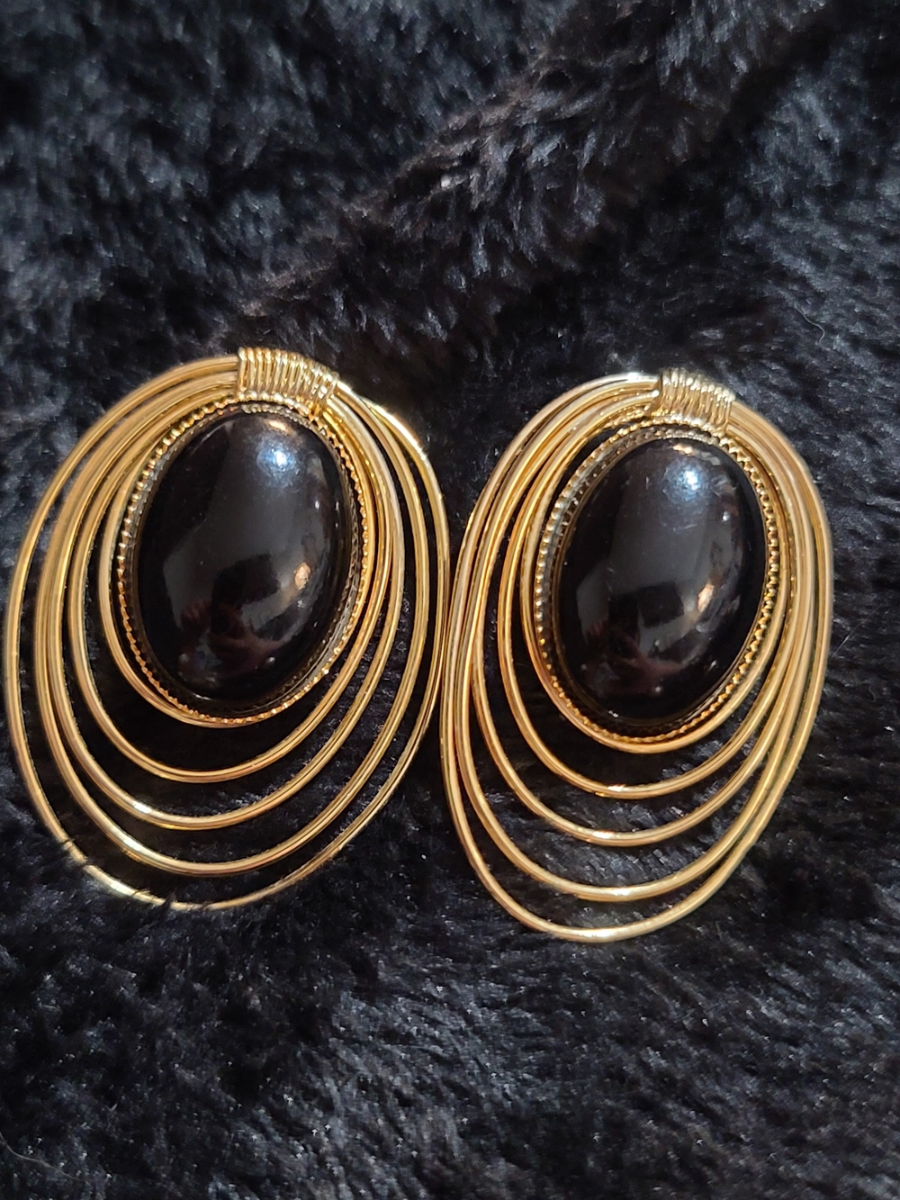 Gold and Black Oval Statement Earrings - Women Jewelry